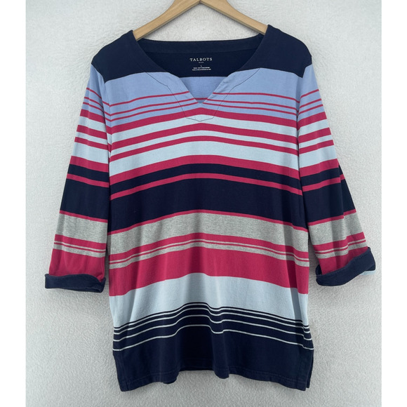 Talbots Tops - TALBOTS Top L Terry Tunic Striped Split Neck 3/4 Sleeve Cotton Blue Pink